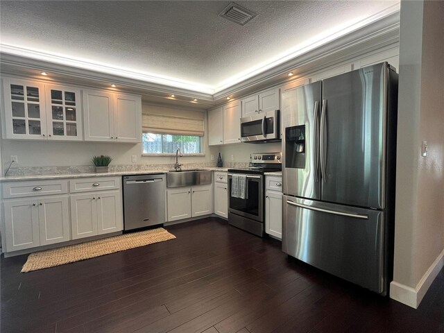 kitchen featuring appliances with stainless steel finishes, white cabinets, sink, and a tray ceiling