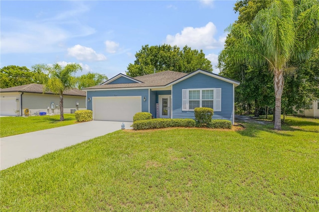 ranch-style house with a garage and a front yard