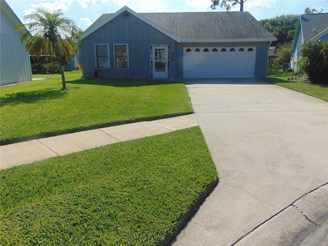 single story home with a garage, concrete driveway, roof with shingles, a front lawn, and board and batten siding