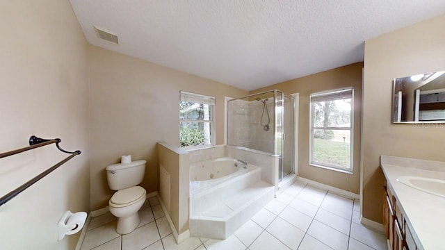 full bathroom with tile patterned flooring, vanity, plus walk in shower, a textured ceiling, and toilet