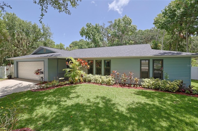 ranch-style home with a garage and a front yard