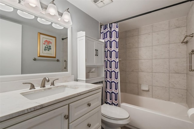 full bathroom featuring toilet, vanity, and shower / bathtub combination with curtain