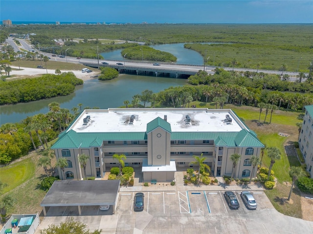 bird's eye view with a water view