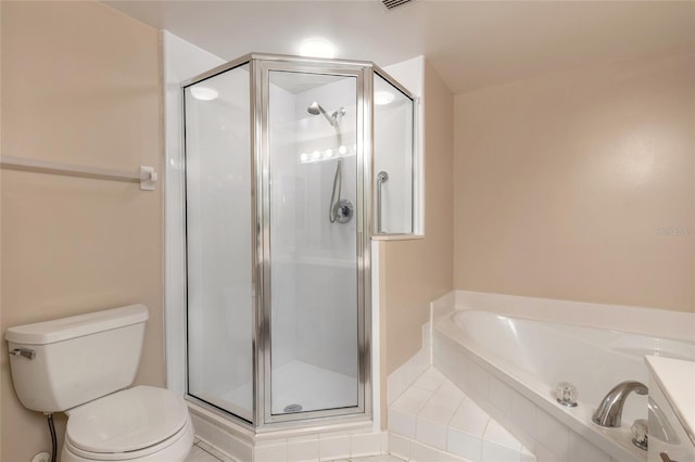 bathroom featuring toilet, a shower stall, and a bath