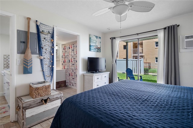 bedroom with connected bathroom, ceiling fan, access to outside, electric panel, and light tile patterned floors