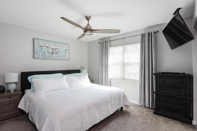 bedroom with ceiling fan and carpet