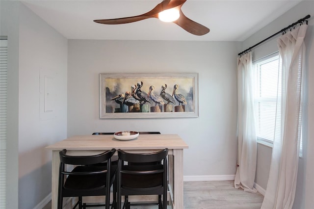 dining room featuring ceiling fan and light hardwood / wood-style flooring