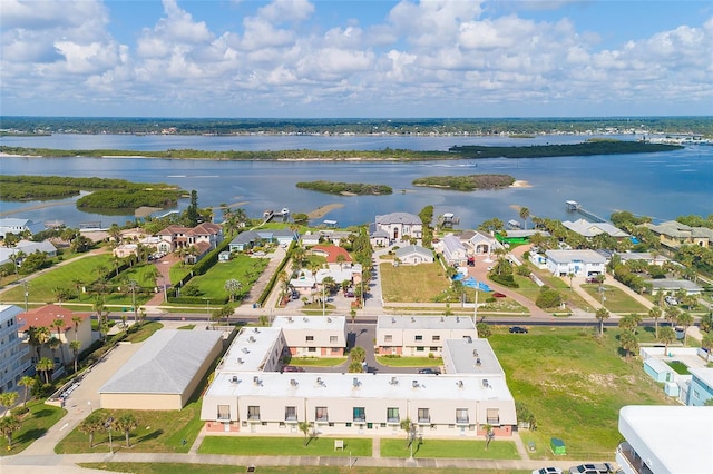 bird's eye view with a water view