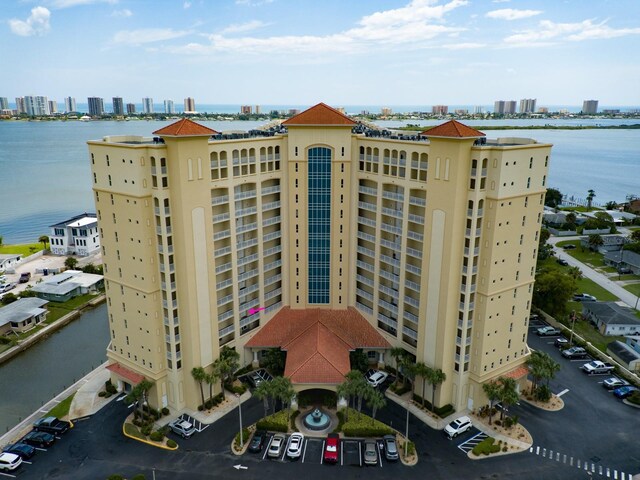 view of building exterior with a water view