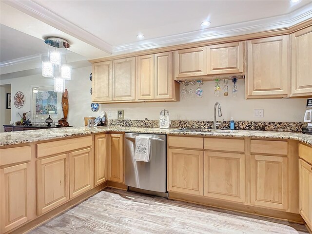 kitchen featuring dishwasher, sink, light hardwood / wood-style flooring, light brown cabinetry, and ornamental molding