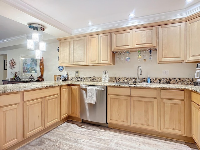 kitchen featuring a sink, hanging light fixtures, ornamental molding, stainless steel dishwasher, and light brown cabinetry