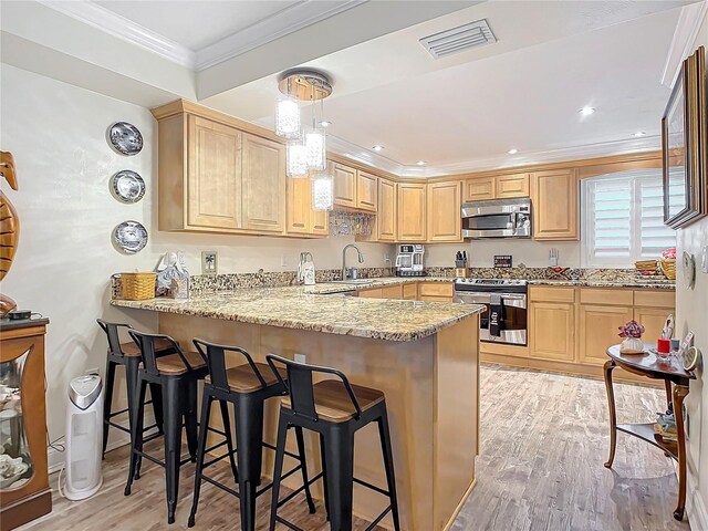 kitchen with pendant lighting, light brown cabinetry, appliances with stainless steel finishes, and light hardwood / wood-style flooring