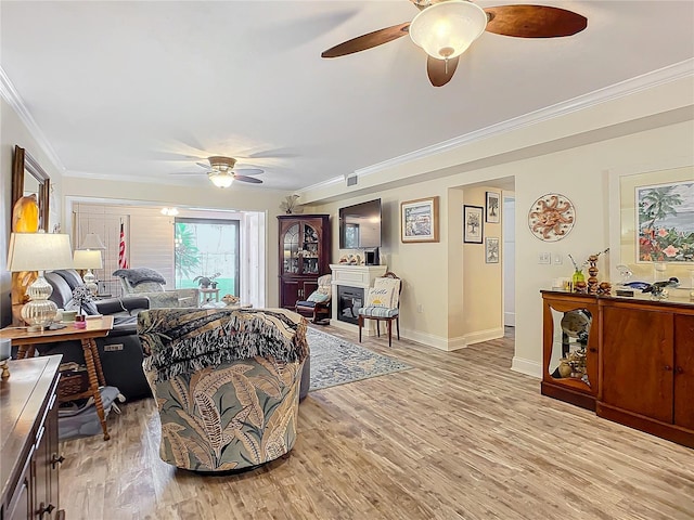 living room with a ceiling fan, a glass covered fireplace, crown molding, and light wood finished floors