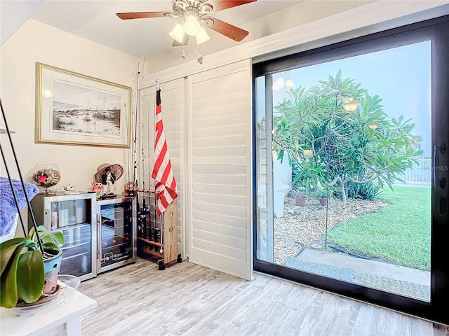 doorway to outside featuring light wood-type flooring and a ceiling fan