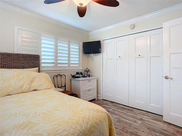 bedroom with hardwood / wood-style floors, ceiling fan, crown molding, and a closet