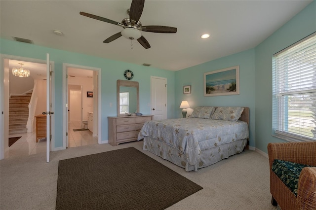 bedroom featuring recessed lighting, baseboards, visible vents, and light colored carpet