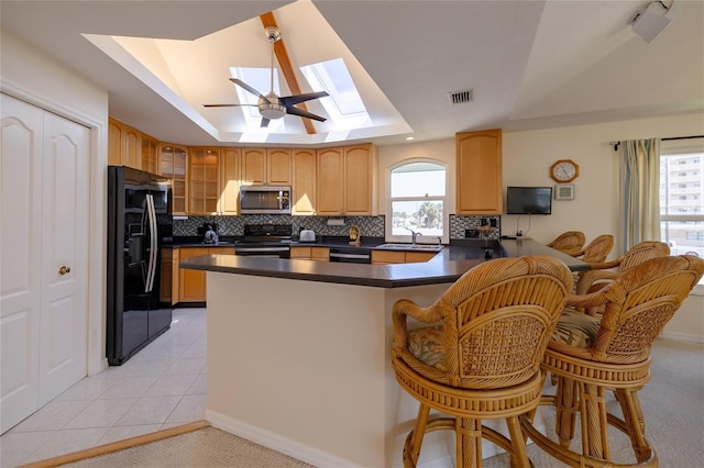 kitchen featuring a skylight, tasteful backsplash, dark countertops, appliances with stainless steel finishes, and a tray ceiling