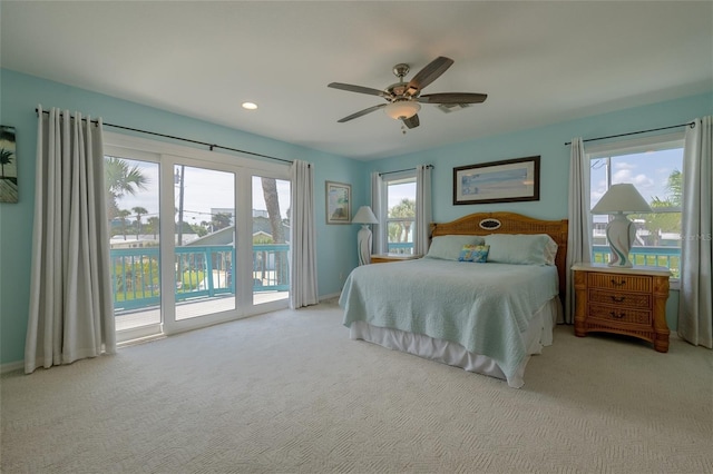 carpeted bedroom with access to outside, ceiling fan, baseboards, and recessed lighting