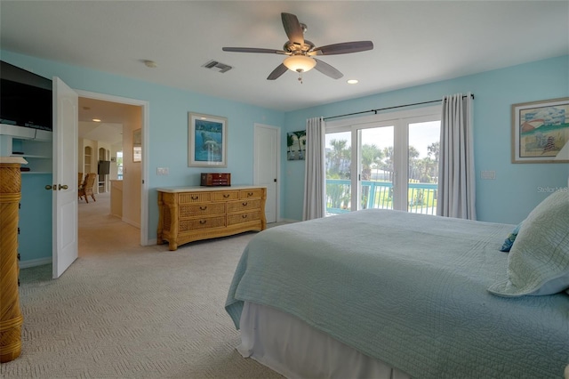 bedroom featuring recessed lighting, light colored carpet, a ceiling fan, visible vents, and access to outside