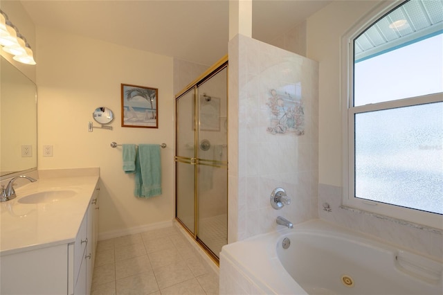 full bath featuring baseboards, a whirlpool tub, tile patterned flooring, vanity, and a shower stall