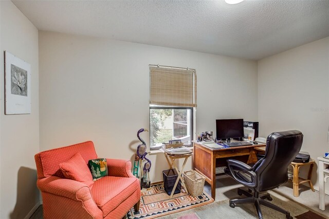 office area with carpet and a textured ceiling