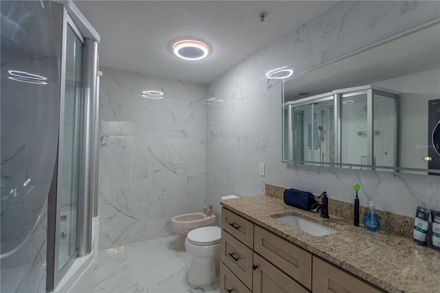 6495 Turtlemound Rd, New Smyrna Beach, FL 32169 - bathroom featuring marble finish floors, a bidet, a shower stall, toilet, and tile walls