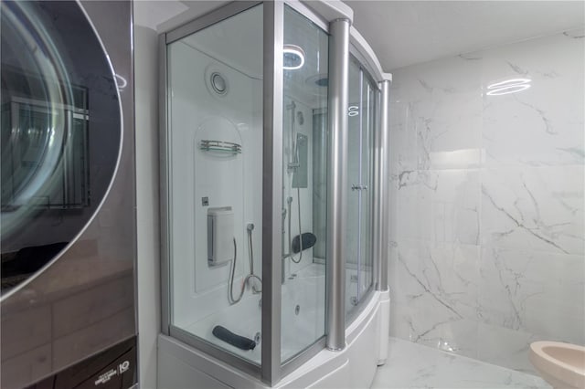 6495 Turtlemound Rd, New Smyrna Beach, FL 32169 - bathroom featuring a stall shower and marble finish floors