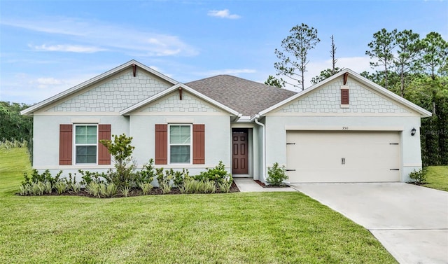 view of front facade featuring a garage, a shingled roof, concrete driveway, stucco siding, and a front yard