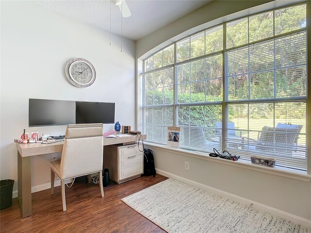 office space featuring ceiling fan and dark hardwood / wood-style flooring