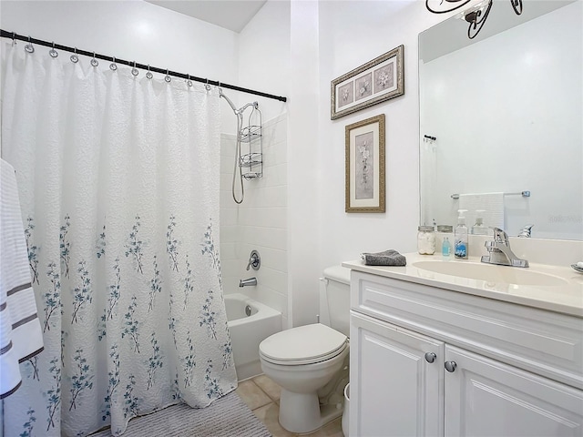 bathroom with toilet, tile patterned flooring, shower / bath combo with shower curtain, and vanity