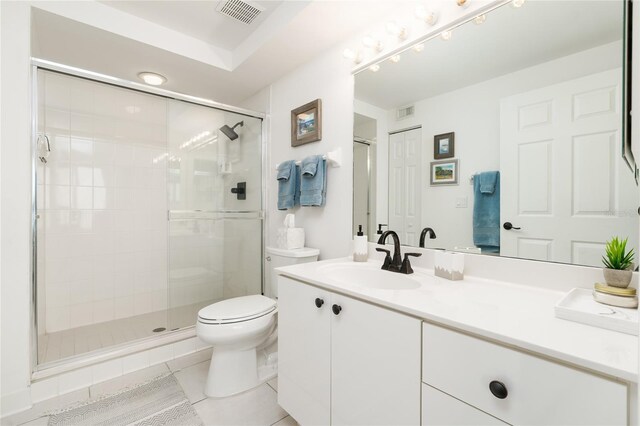 bathroom with tile patterned floors, visible vents, toilet, and a shower stall