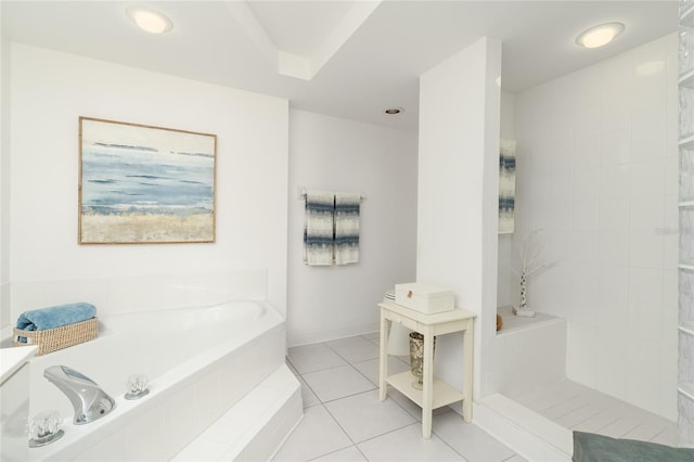 full bath featuring a bath, tile patterned floors, and a walk in shower