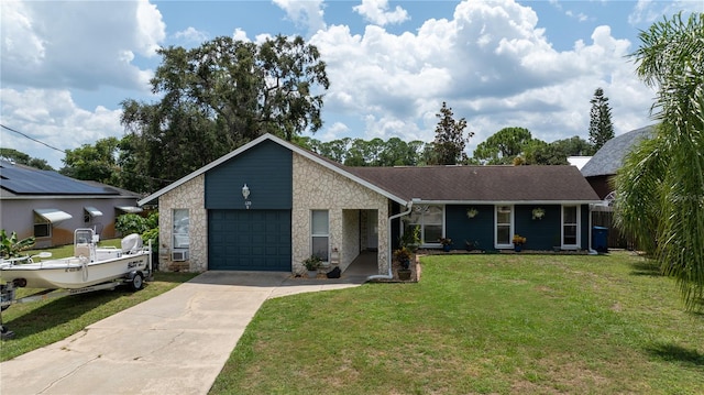 single story home with a garage and a front lawn