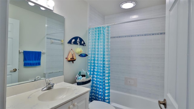 full bathroom with toilet, vanity, and shower / bathtub combination with curtain