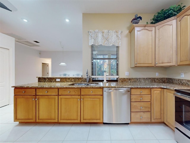 kitchen featuring appliances with stainless steel finishes, light stone counters, sink, light tile patterned floors, and light brown cabinets