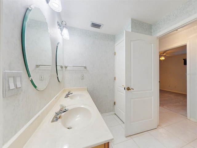 bathroom with vanity, tile patterned floors, and ceiling fan