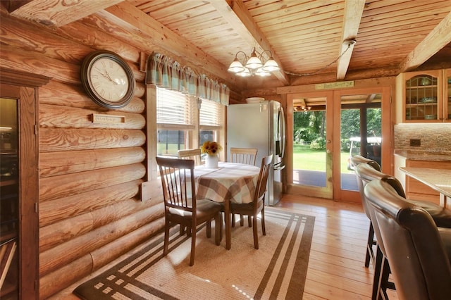 dining room with wooden ceiling, log walls, and a healthy amount of sunlight