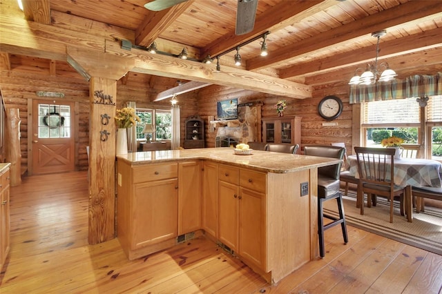 kitchen featuring a healthy amount of sunlight, light wood finished floors, wood ceiling, and light countertops