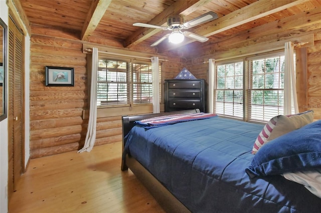 bedroom featuring ceiling fan, wooden ceiling, log walls, beamed ceiling, and wood-type flooring