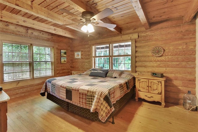 bedroom featuring rustic walls, multiple windows, light wood-type flooring, and wood ceiling