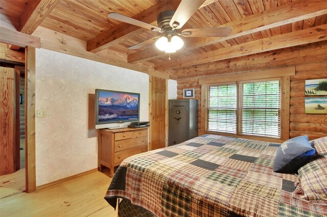 bedroom with baseboards, wood ceiling, log walls, light wood-style floors, and beam ceiling