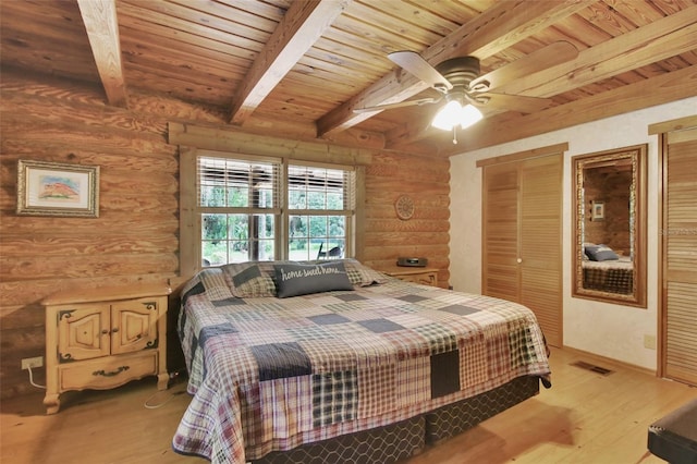 bedroom with wood ceiling, visible vents, light wood-style floors, beam ceiling, and log walls