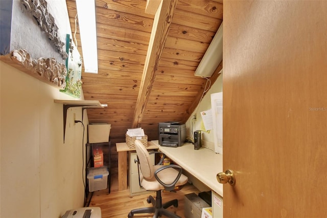 office space with wooden ceiling, light wood-style flooring, and vaulted ceiling