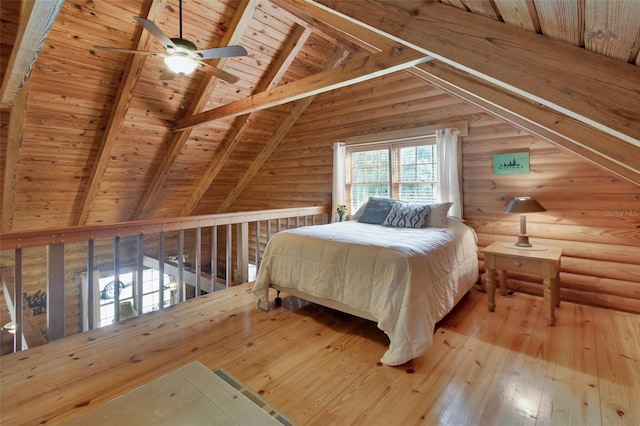 bedroom with wood ceiling, wood-type flooring, and lofted ceiling with beams