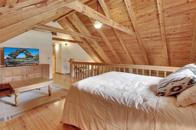 bedroom featuring wood-type flooring, wooden ceiling, vaulted ceiling with beams, and visible vents