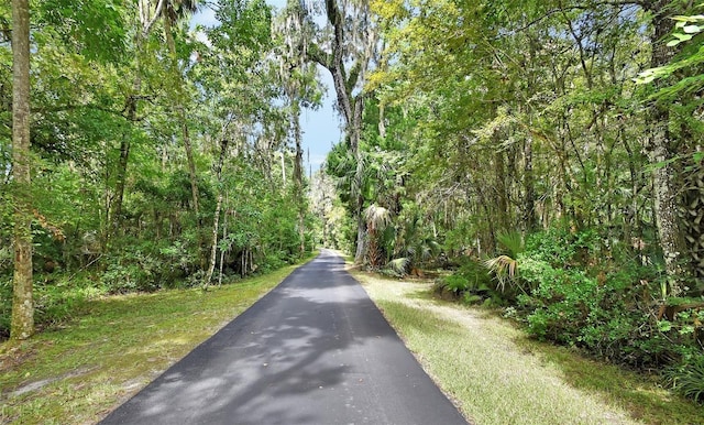 view of street featuring a wooded view