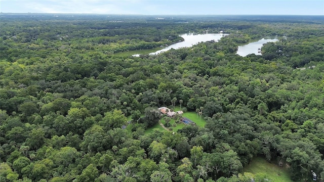 drone / aerial view featuring a forest view and a water view