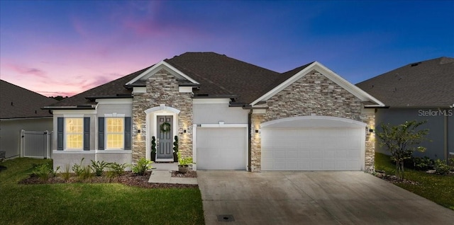 view of front of home featuring a garage and a lawn