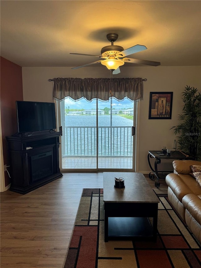 living room featuring ceiling fan, plenty of natural light, and wood-type flooring