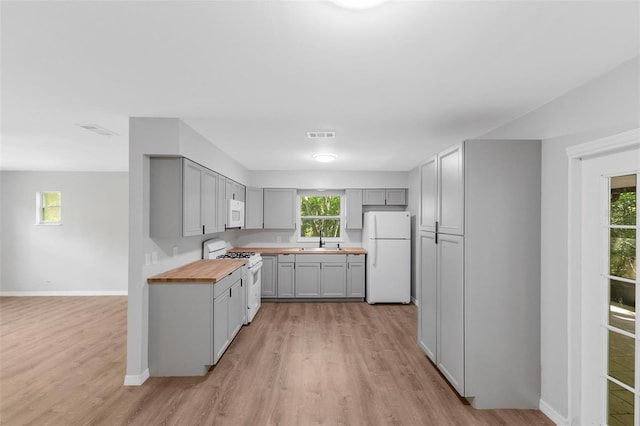 kitchen with wood counters, white appliances, gray cabinetry, and sink